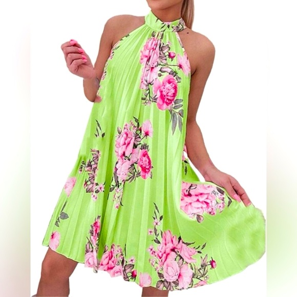 Elegant Lime/Mint and Pink Floral Pleated Dress, NWOT - Picture 4 of 4